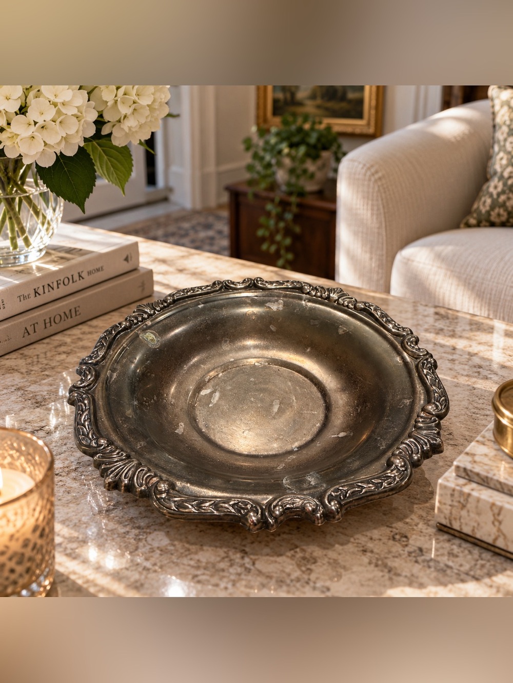 Ornate Decorative silver plated Centerpiece Bowl in Antique Silver